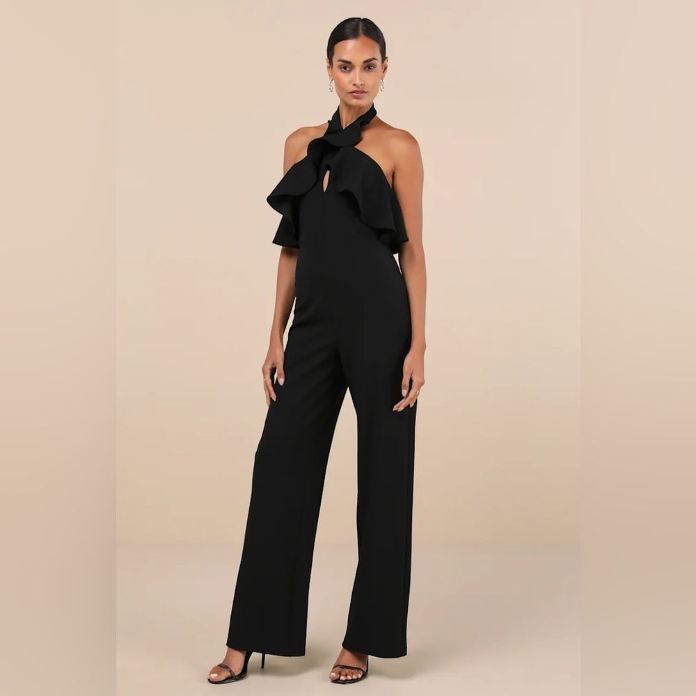 Lulus Elegant Flair Black Ruffled Wide-Leg Halter Jumpsuit